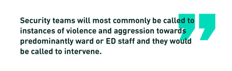 Security teams will most commonly be called to instances of violence and aggression towards predominantly ward or ED stanff and they would be called to intervene. (quote)